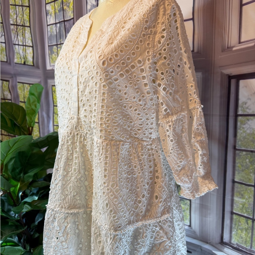 Chico’s White Eyelet Tiered V Neck Dress 12 Cottagecore Cotton Summer Spring - Picture 3 of 17